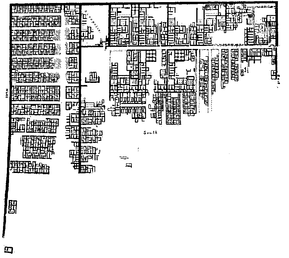 Fig 3.--Plan of three-quarters of the town
of Hat-Hotep-�sertesen (Kah�n), built for the
accommodation of the officials and workmen
employed in connection with the pyramid of
�sertesen II. at Illah�n. The workmen's quarters
are principally on the west, and separated from the
eastern part of the town by a thick wall. At the
south-west corner, outside the town, stood the
pyramid temple, and in front of it the porter's lodge.
Reproduced from Plate XIV. of Illah�n, Kahun,
and Gurob, W.M.F. Petrie.