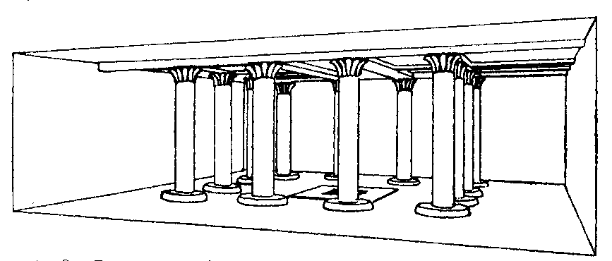 Fig 8.--Restoration of the hall in a Twelfth Dynasty
house. In the middle of the floor is a tank surrounded
by a covered colonnade. Reproduced from Plate XVI. of
Illah�n, Kahun, and Gurob, W.M.F. Petrie. 